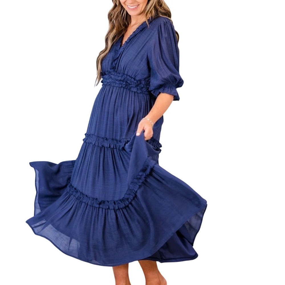 NWOT Chic Soul Make A Statement Maxi Dress 2X Navy Blue Tiered Smocked Waist